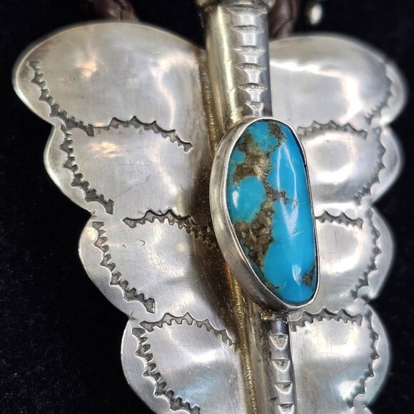 Navajo Turquoise Sterling Silver Bolo Tie Large Butterfly Signed HW. USA - Picture 5 of 12
